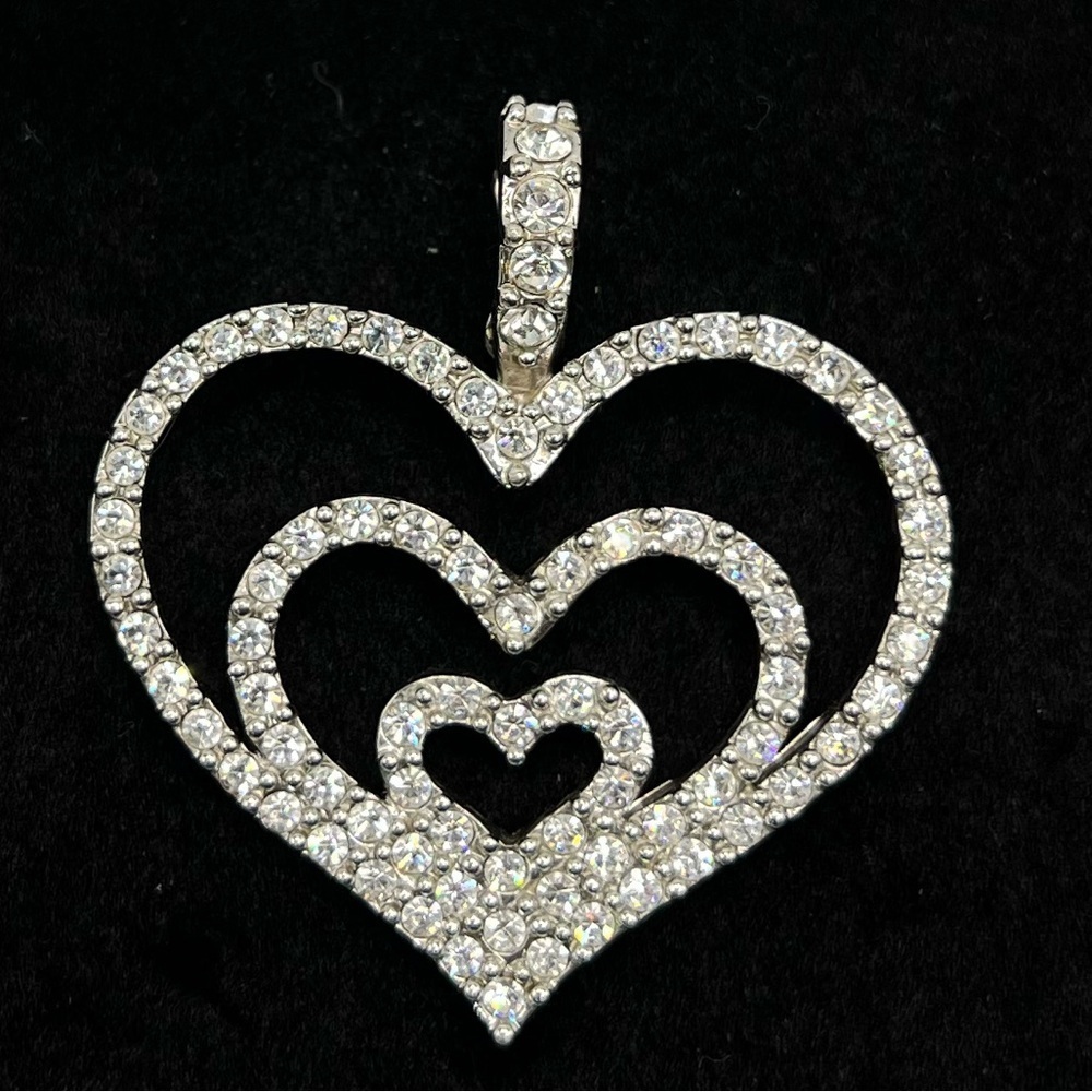 Nolan Miller Triple Heart Rhinestone Pendant Silver Tone 1.75” Statement - Picture 2 of 4